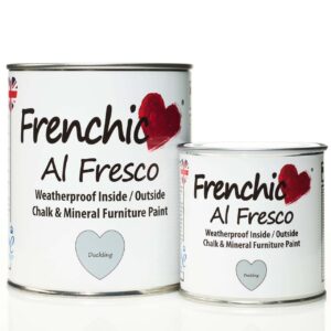Chien Blanc Interiors: Furniture Paint - Duckling (duck egg blue). Photo shows 750ml tin and 250ml tin.