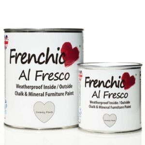 Chien Blanc Interiors: Furniture Paint - Swanky Pants (silver grey). Photo shows 750ml tin and 250ml tin.