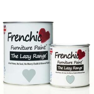 Chien Blanc Interiors: Furniture Paint - Scotch Mist (misty greyish blue-green). Photo shows 750ml tin and 250ml tin.