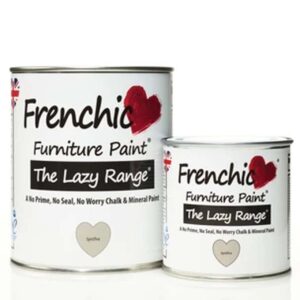 Chien Blanc Interiors: Furniture Paint - Spitfire (mid-grey). Photo shows 750ml tin and 250ml tin.